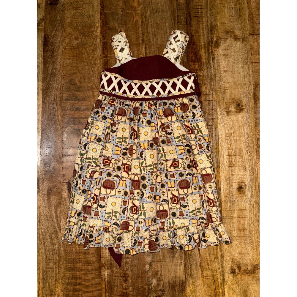 Creaciones Pimpi Vintage Girls Garden Print Lattice Dress Burgundy Size 8